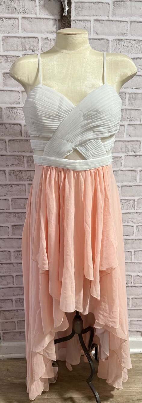 Venus White and Peach Chiffon High-Low Dress with Criss-Cross Bodice